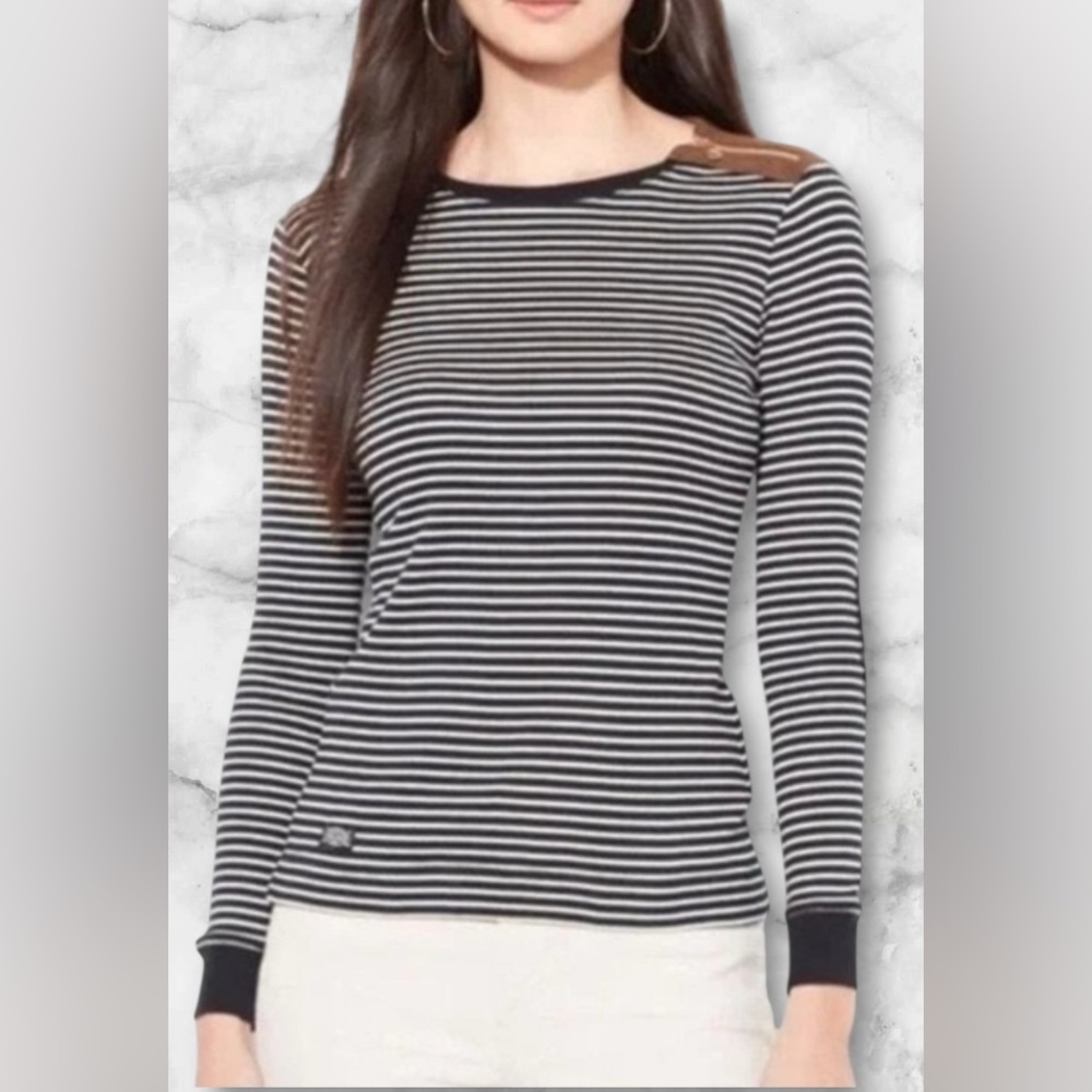 Lauren Ralph Lauren Black White Striped Top Suede Elbow Patches and Accents Sz M - Picture 6 of 15
